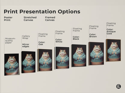 Print presentation options include a poster print and stretched canvas. Also available are framed canvas in black brown white oak and antique gold. The artwork is a hippo wearing a robe in a tub. These make great gifts for art collectors. The hippo is ready for bath time. Sophisticated animal art for your home.
