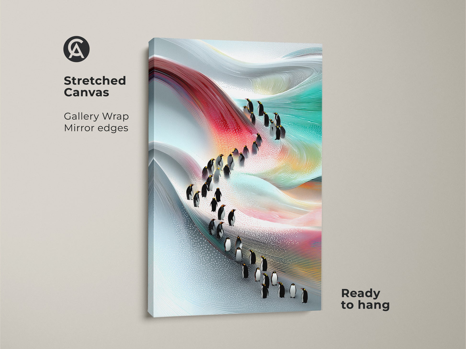 Stretched canvas of abstract penguin art ready to hang. This contemporary wall art features a flowing red blue and teal landscape design. The modern animal artwork is gallery wrapped with mirrored edges providing a seamless and sophisticated look perfect for modern home decor.