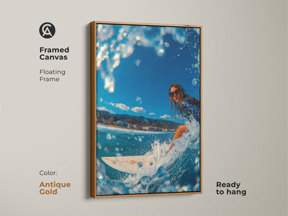 This framed canvas artwork shows a surfer riding a wave. An antique gold floating frame adds a touch of elegance. This ready-to-hang piece brings a sophisticated coastal vibe to any space. It's a perfect choice for surf art lovers.