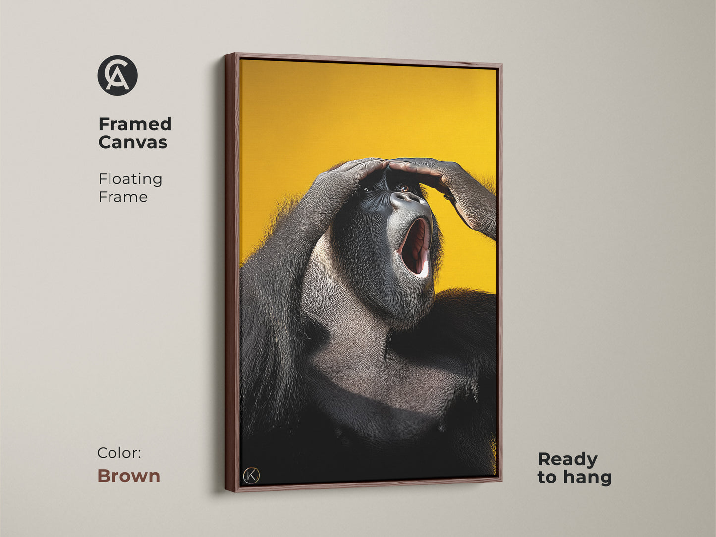 Framed photorealistic gorilla artwork on canvas. Features a floating frame with a brown frame color. The roaring primate stands out against a yellow canvas. Ideal animal lover gift.