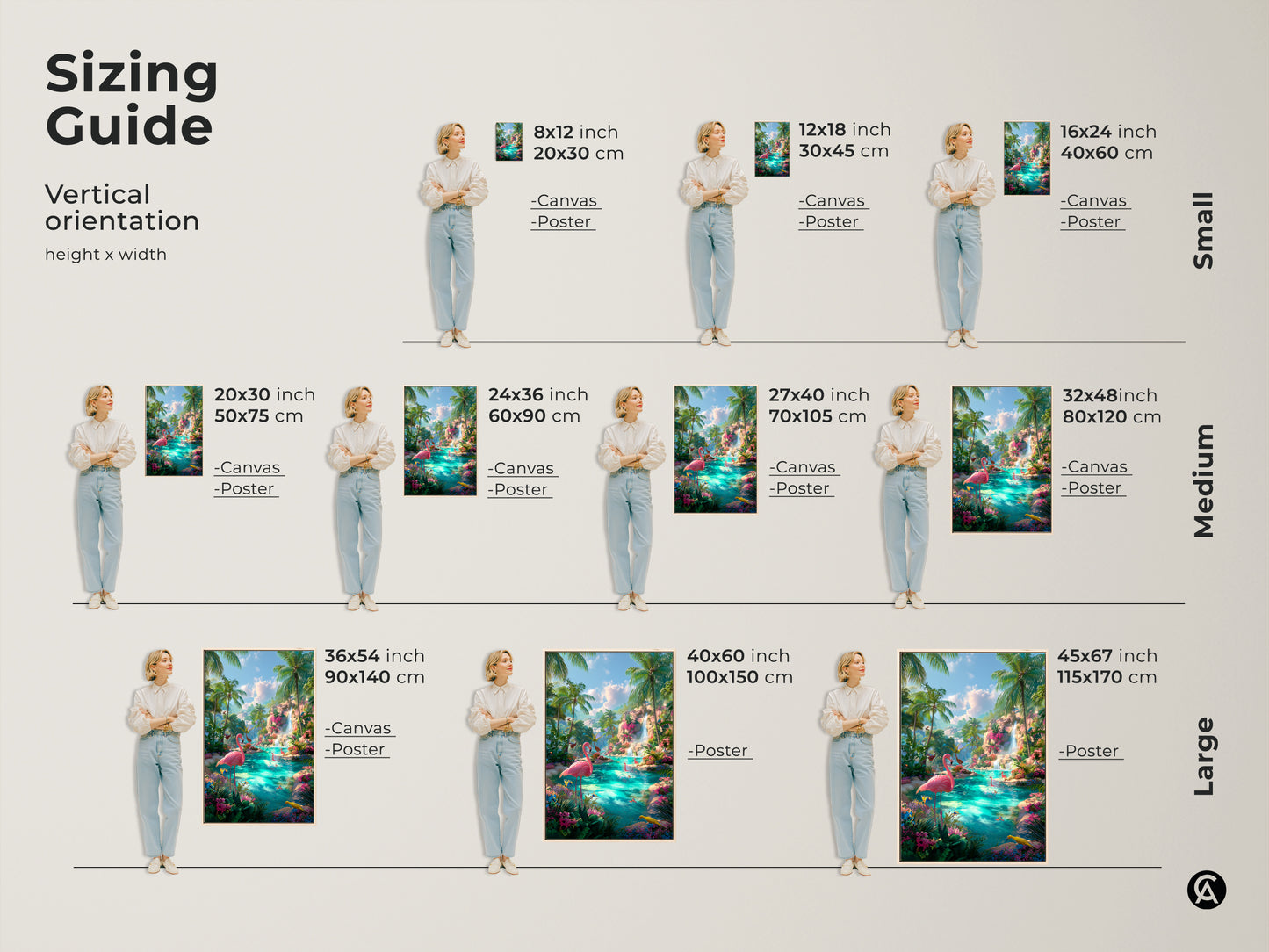 Sizing guide for tropical lagoon art prints. Available in various sizes from small to large. See how the artwork looks in different dimensions. Options include canvas and poster prints. The artwork features pink flamingos in a vibrant blue lagoon. Find the perfect size for your wall.