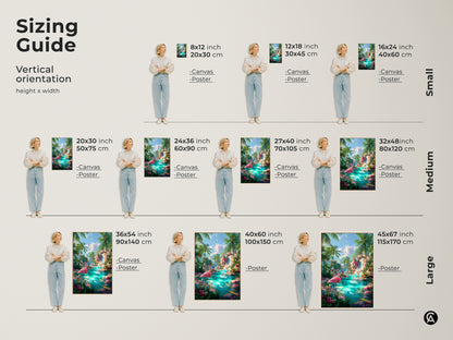 Sizing guide for tropical lagoon art prints. Available in various sizes from small to large. See how the artwork looks in different dimensions. Options include canvas and poster prints. The artwork features pink flamingos in a vibrant blue lagoon. Find the perfect size for your wall.