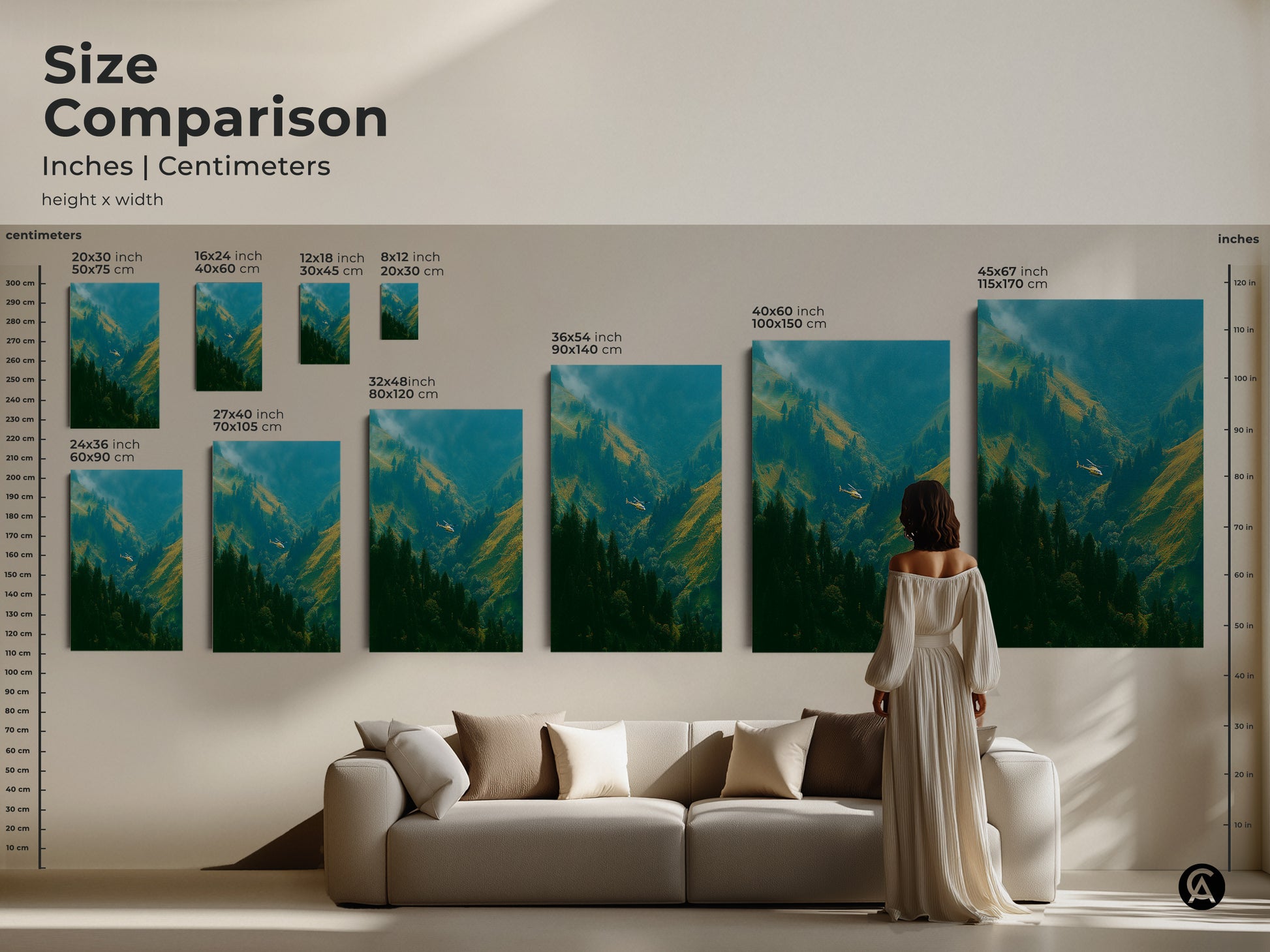 Size comparison of helicopter in valley artwork in inches and centimeters. See how different sizes look above a couch.  Choose from various dimensions of canvas or poster prints. Find the perfect fit for your home.