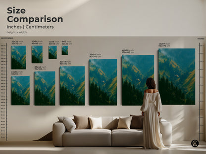 Size comparison of helicopter in valley artwork in inches and centimeters. See how different sizes look above a couch.  Choose from various dimensions of canvas or poster prints. Find the perfect fit for your home.