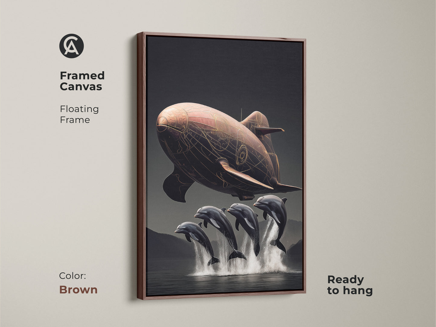 Framed canvas art displays a steampunk airship with dolphins. This surreal fantasy artwork has an antique gold floating frame. Ready to hang this copper brown artwork is great for eclectic home decor. A vintage style airship print.