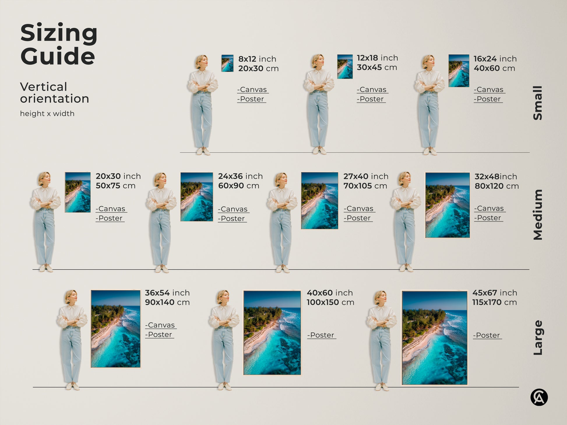 Sizing guide for vertical tropical beach artwork. Visualize canvas and poster prints in various sizes from small to large. Determine the ideal dimensions for your space. Choose from 8x12 to 45x67 inches. Perfect for any room size.