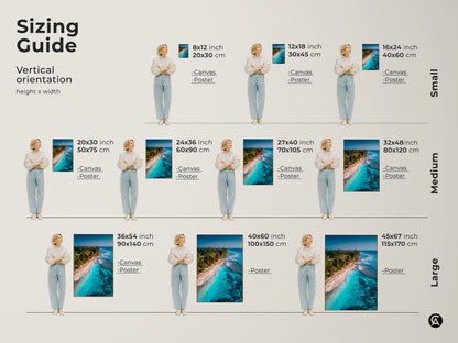 Sizing guide for vertical tropical beach artwork. Visualize canvas and poster prints in various sizes from small to large. Determine the ideal dimensions for your space. Choose from 8x12 to 45x67 inches. Perfect for any room size.