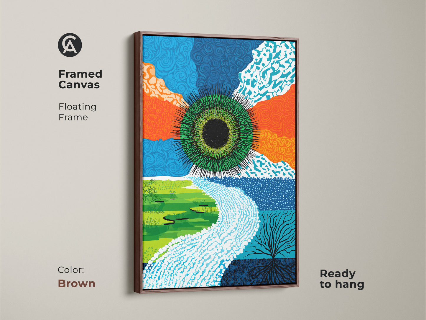 Brown framed canvas showcasing abstract green eye art. This contemporary nature print features a floating frame. The modern artwork is ready to hang. Perfect as bedroom abstract canvas art or unique home decor.
