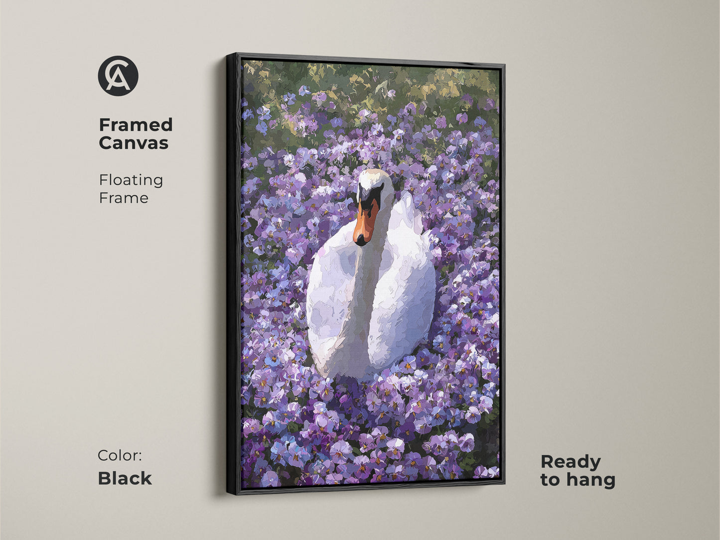 Framed canvas of the Botanical Swan artwork in a black floating frame. This purple floral wall art features an impressionist style. It is ready to hang. It is a great boho nature decor piece.