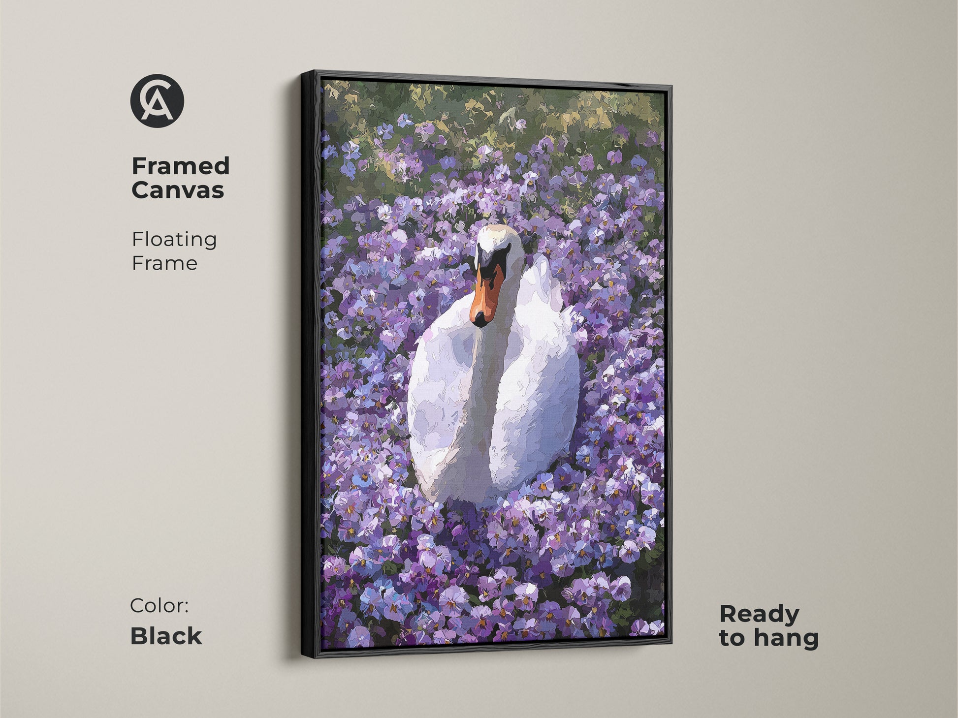 Framed canvas of the Botanical Swan artwork in a black floating frame. This purple floral wall art features an impressionist style. It is ready to hang. It is a great boho nature decor piece.