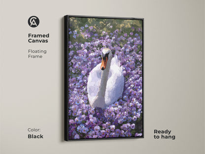Framed canvas of the Botanical Swan artwork in a black floating frame. This purple floral wall art features an impressionist style. It is ready to hang. It is a great boho nature decor piece.