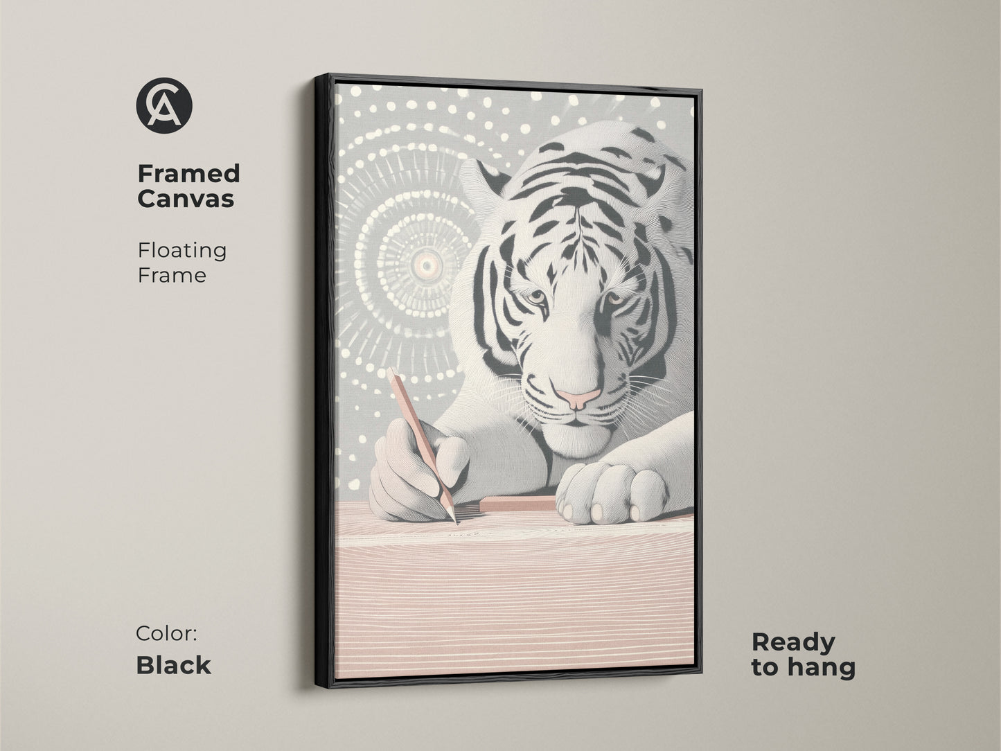 Framed canvas featuring the minimalist white tiger artwork. The black floating frame complements the abstract line art print. It's modern animal wall decor suited for any room. This piece is a thoughtful gift for creatives. Ready to hang and will enhance a modern space.