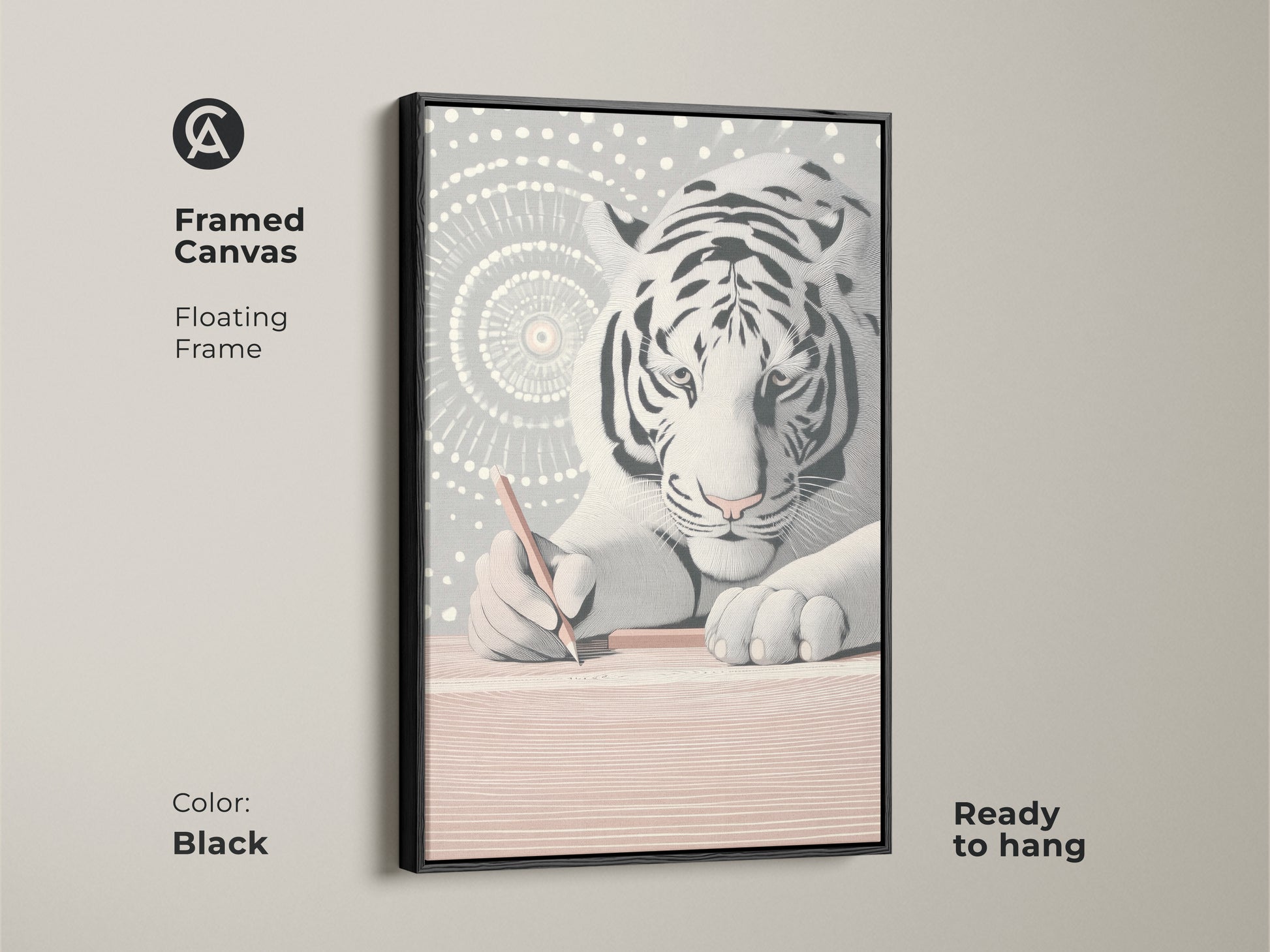 Framed canvas featuring the minimalist white tiger artwork. The black floating frame complements the abstract line art print. It's modern animal wall decor suited for any room. This piece is a thoughtful gift for creatives. Ready to hang and will enhance a modern space.