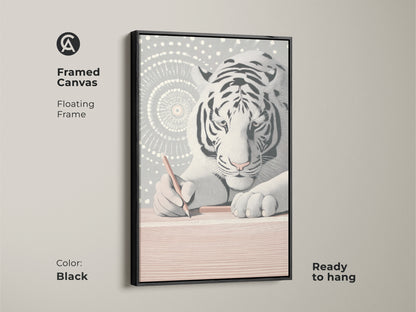 Framed canvas featuring the minimalist white tiger artwork. The black floating frame complements the abstract line art print. It's modern animal wall decor suited for any room. This piece is a thoughtful gift for creatives. Ready to hang and will enhance a modern space.