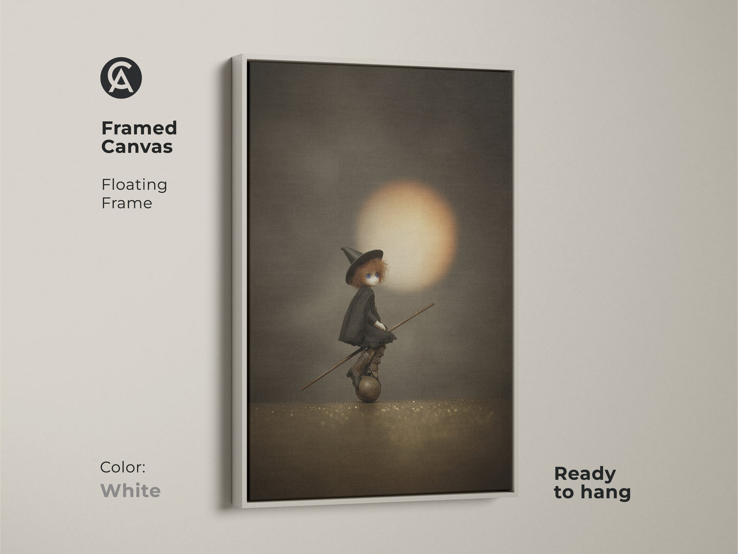 Framed canvas of witch doll on broomstick art in a white floating frame. This gothic Halloween wall art is ready to hang. The sepia orange fantasy print is perfect for moody gothic home decor. It's a unique witch art print.