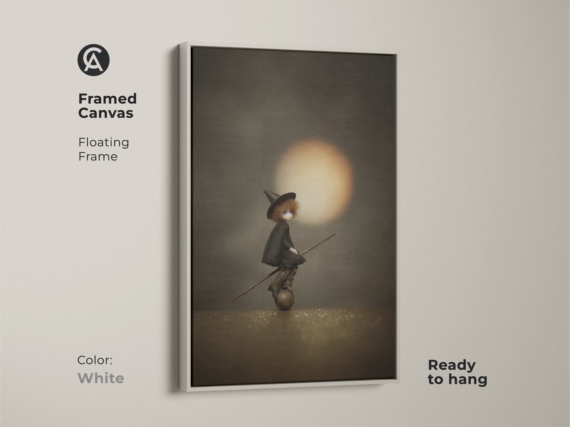 Framed canvas of witch doll on broomstick art in a white floating frame. This gothic Halloween wall art is ready to hang. The sepia orange fantasy print is perfect for moody gothic home decor. It's a unique witch art print.