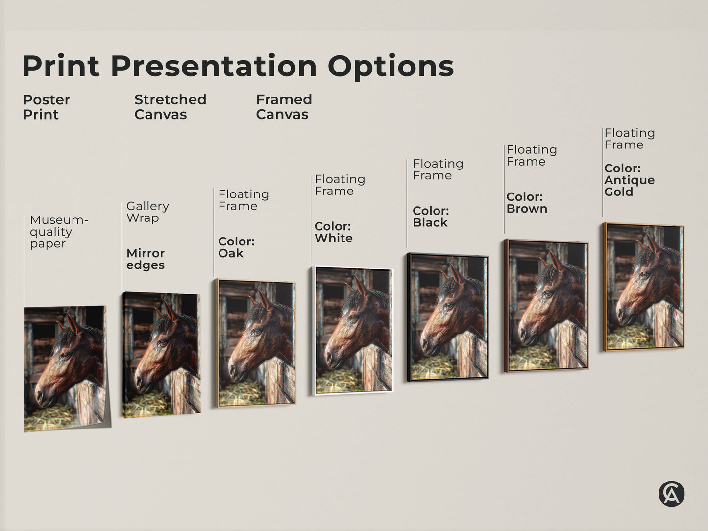 Explore diverse print options for horse artwork. Choose from poster prints stretched canvas and framed canvas. Find the perfect style and frame color to match your decor.