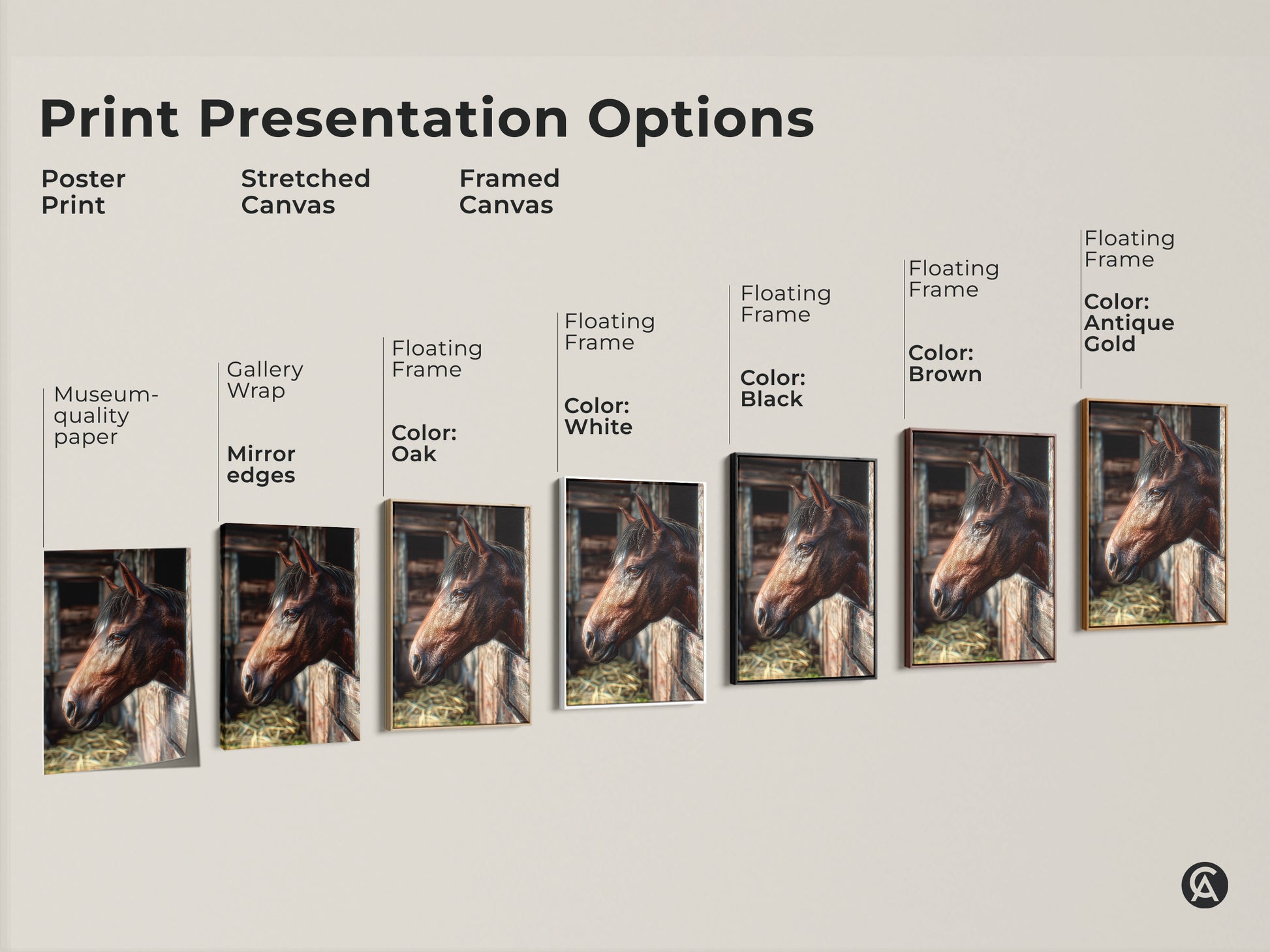 Explore diverse print options for horse artwork. Choose from poster prints stretched canvas and framed canvas. Find the perfect style and frame color to match your decor.