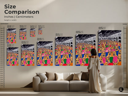 See the size comparison for the pop art dog subway canvas in inches and centimeters. This cartoon artwork fits perfectly above a sofa. Choose the size that best fits your eclectic art style and home decor needs.