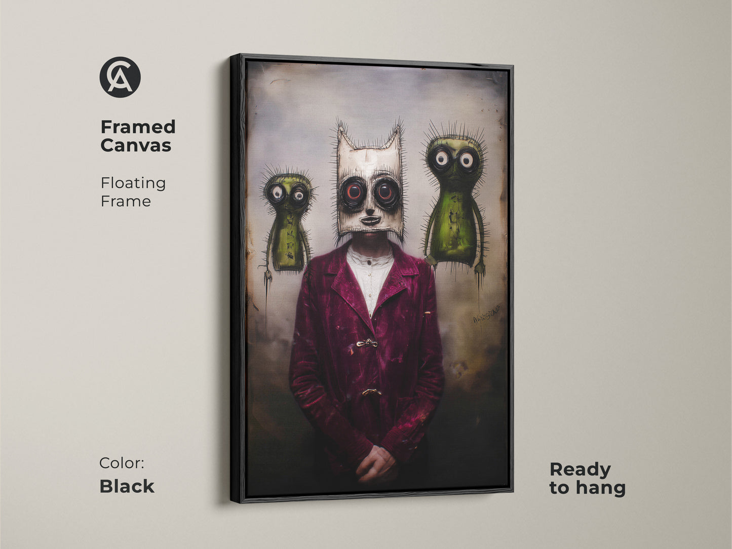 A framed canvas with floating frame displays macabre art. See a surreal character wearing a gothic mask. Two creatures enhance the dark art style. The black frame complements the burgundy green art print. It's ready to hang for a quirky studio decor. This unique character art is a conversation piece.