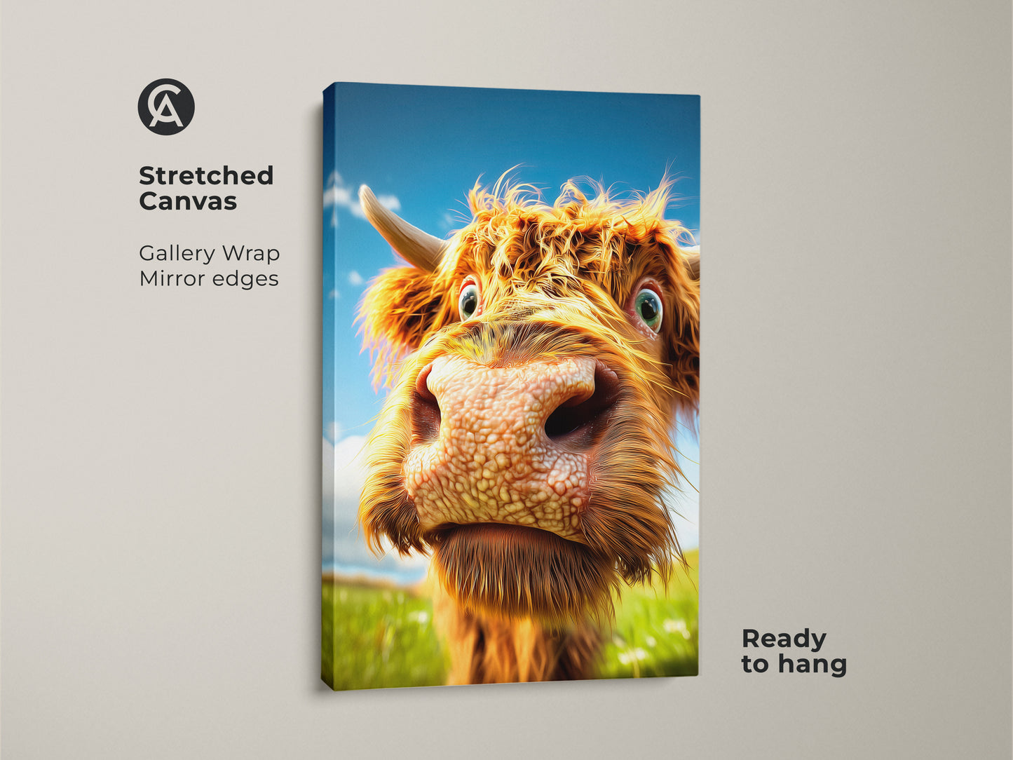 A stretched canvas gallery wrap featuring a fluffy Highland Cow. This farmhouse decor art is ready to hang. The expressive animal artwork is printed with mirror edges. It's great as cute nursery wall decor.