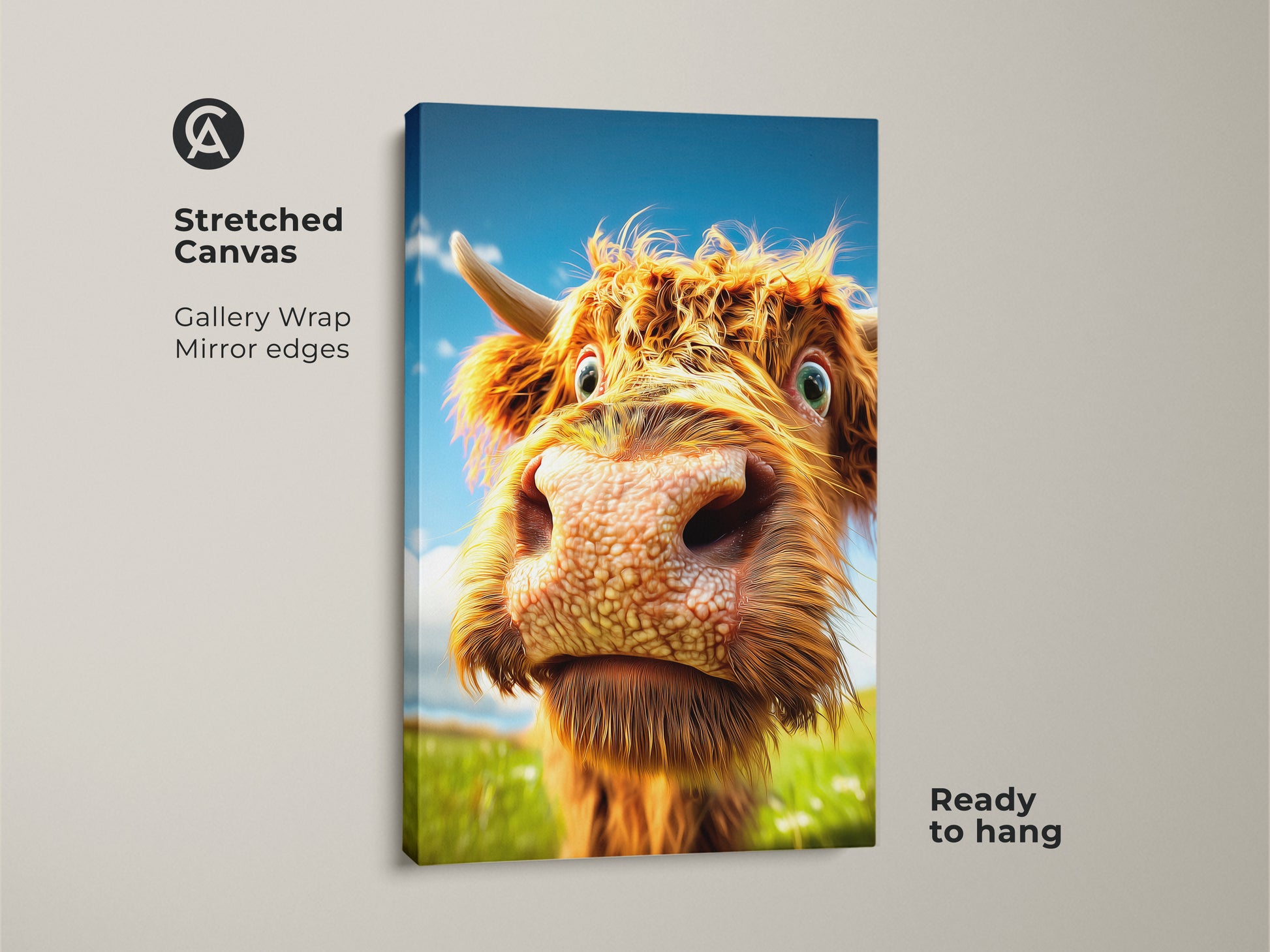 A stretched canvas gallery wrap featuring a fluffy Highland Cow. This farmhouse decor art is ready to hang. The expressive animal artwork is printed with mirror edges. It's great as cute nursery wall decor.