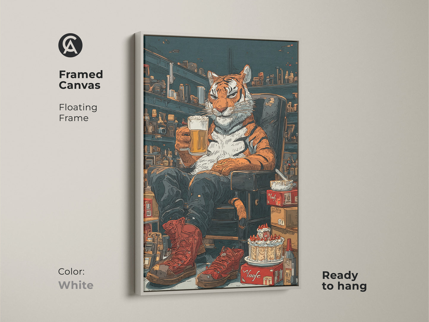 Framed canvas featuring a tiger drinking beer in a white floating frame. This pop art animal print is ready to hang. The comic style wall decor is an eclectic gift for him a beer lover. It's a funny tiger art print.