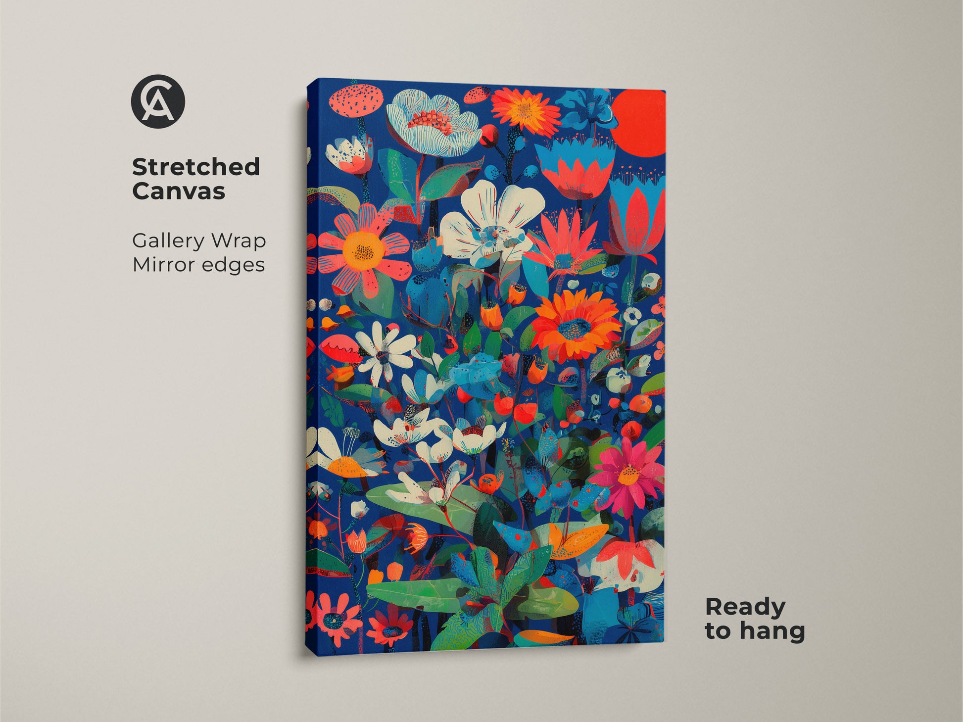 Stretched canvas botanical abstract wall art. The gallery wrap has mirror edges. This floral print features deep blue coral red and teal colors. Ready to hang. It adds eclectic charm to any space.