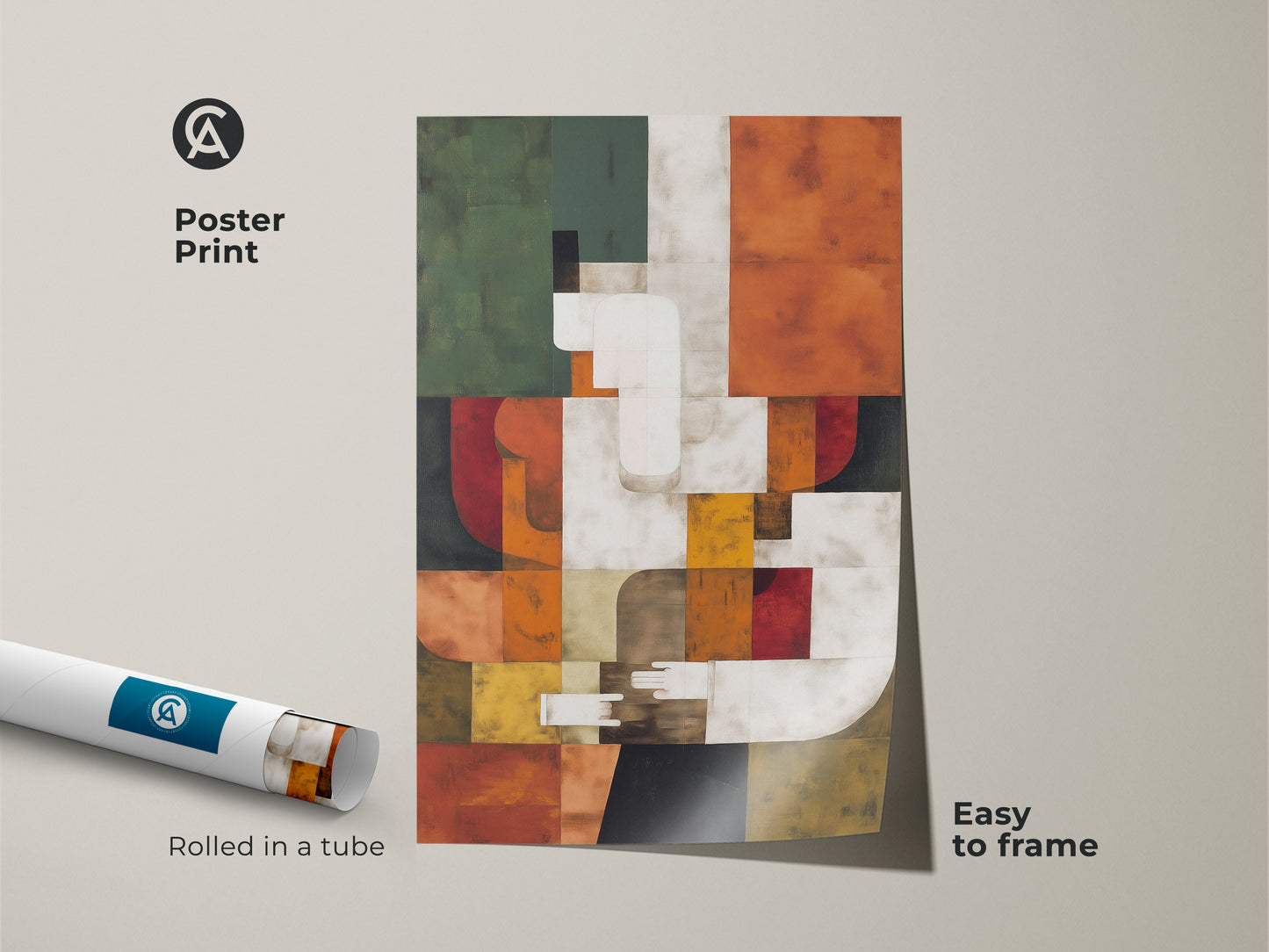 Poster Print of Abstract Geometric Artwork. This Bauhaus-style art features terracotta orange green and teal hues. Rolled in a tube for easy framing. Ideal for modern office or living room decor. A unique gift for art lovers.