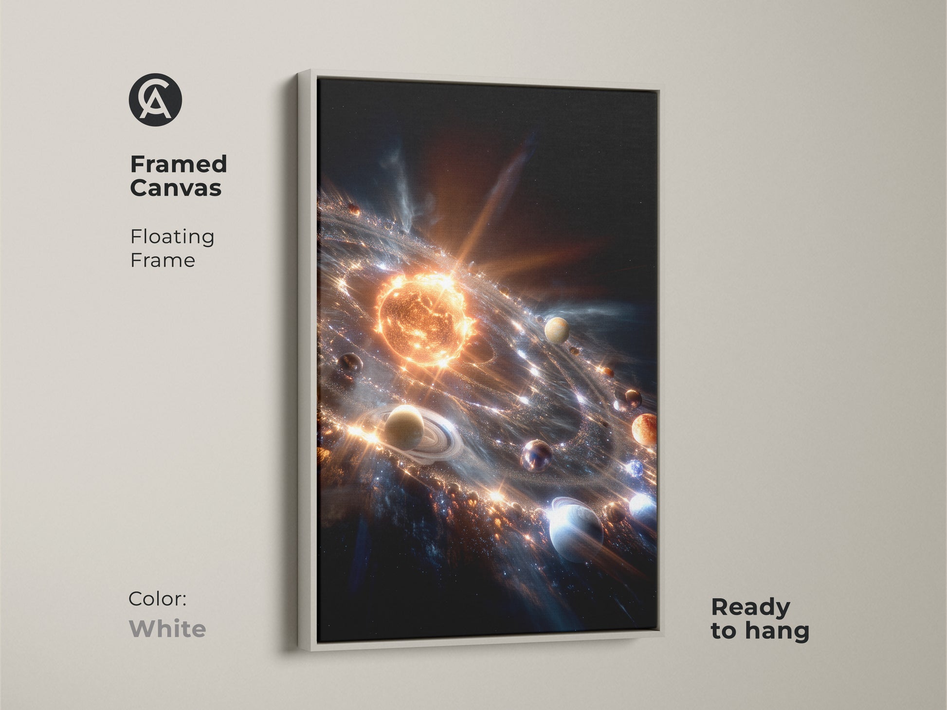 Framed canvas artwork features a detailed solar system illustration. The planets orbit the radiant sun in a white floating frame. This ready-to-hang piece offers a clean and modern aesthetic. Perfect for bringing a touch of the cosmos into your space.