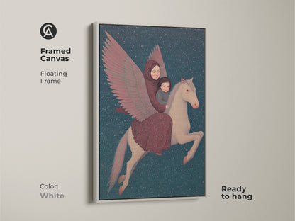 A white framed canvas showcases art of a celestial mother child and Pegasus. This ready-to-hang print makes a unique storytelling artwork. Its surreal fantasy elements blend for an eclectic bohemian living room wall decor piece. Gift for dreamers.