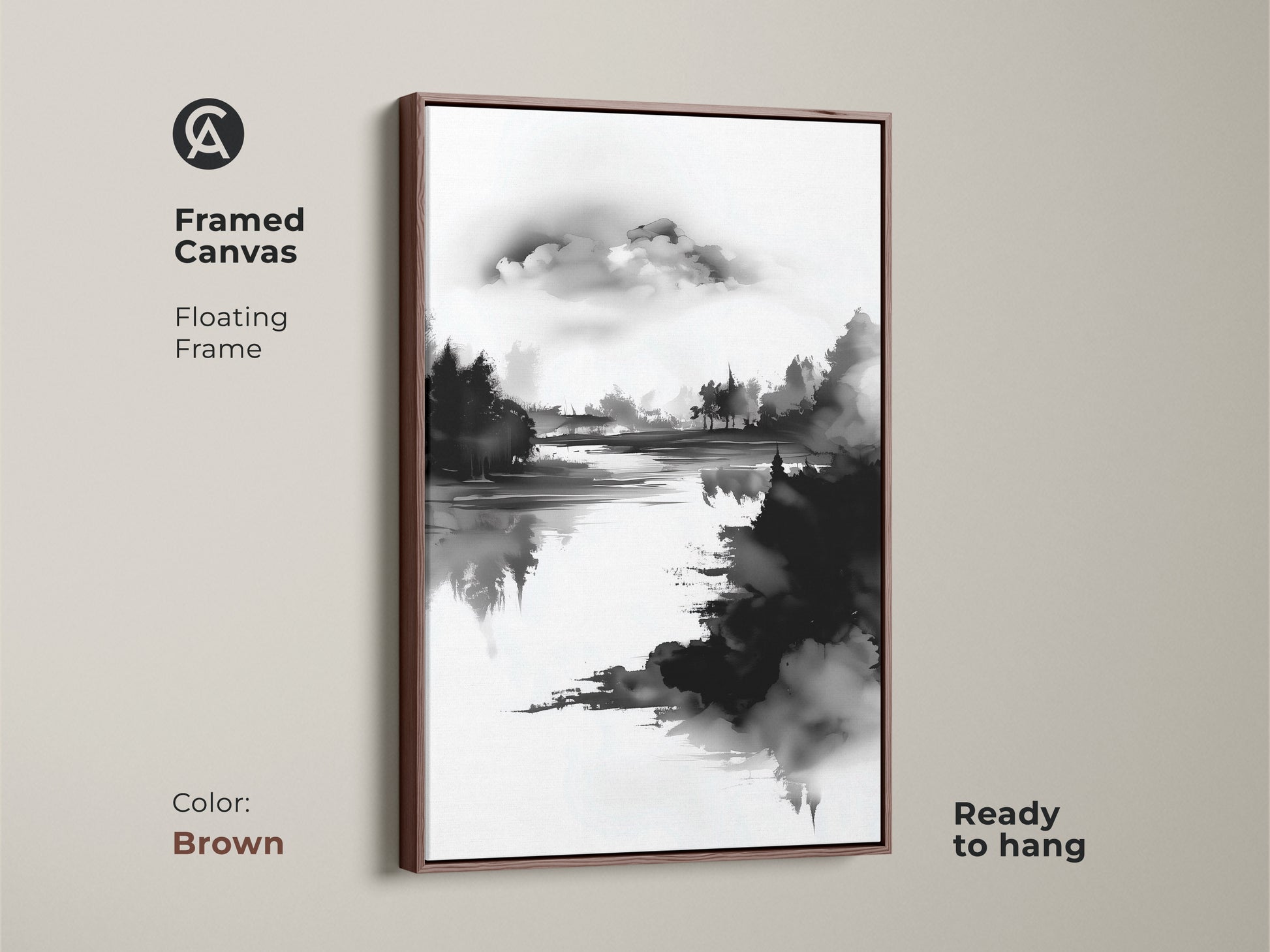 A framed canvas with a brown floating frame displaying minimalist forest lake art. The black and white nature print brings a touch of modern style. Ready to hang this ink wash landscape art is perfect for a calm bedroom artwork. A great housewarming gift.
