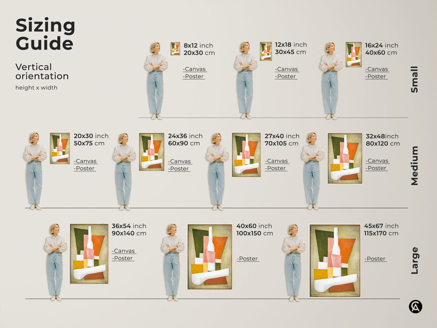 Sizing guide for vertical abstract geometric art prints. Available as canvas or poster in sizes from 8x12 to 45x67 inches. Visualize the artwork in a room setting. Find the perfect size for your dining room office or creative studio decor.