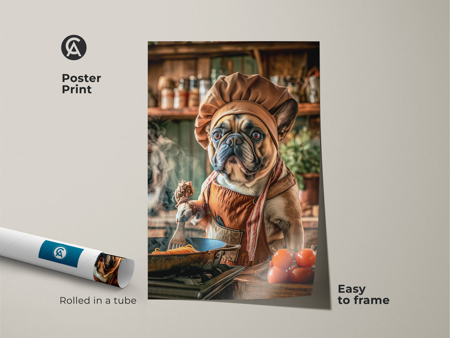 French Bulldog chef poster print. This poster showcases digital art for the kitchen. This charming tan and orange animal chef illustration is easy to frame. It is rolled safely in a tube.