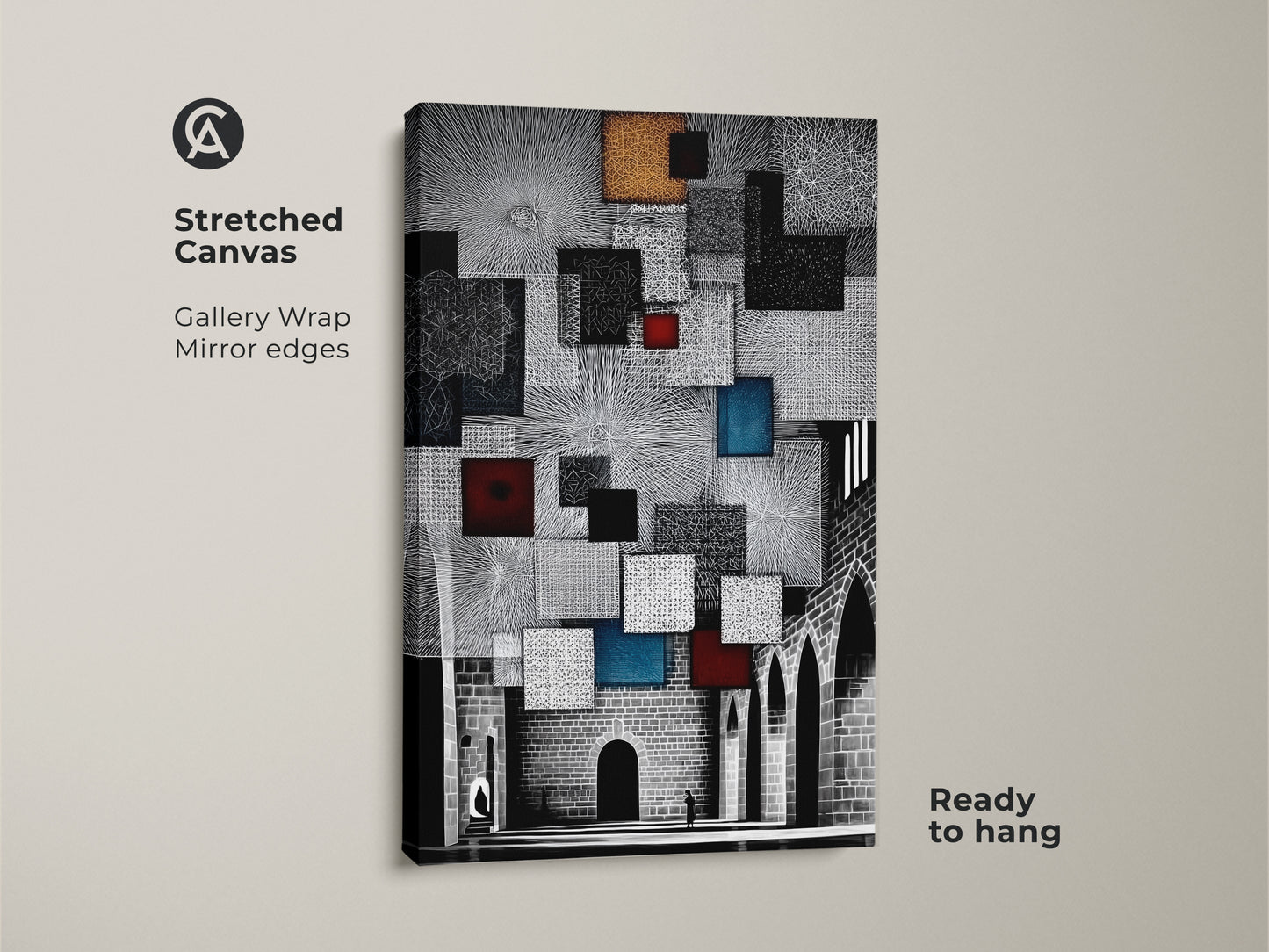 Stretched canvas of abstract geometric wall art. The modern cityscape canvas print uses black white and blue hues. Arches add an architectural touch. Ready to hang in any contemporary space.