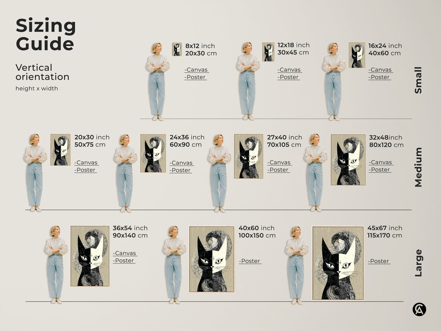 Explore the sizing guide for mid-century modern cat art prints. Vertical orientation options in small medium and large sizes. Perfect for canvas or poster prints. Find the ideal fit for your space whether it's 8x12 inch to 45x67 inch. Enhance your home decor with abstract animal art.