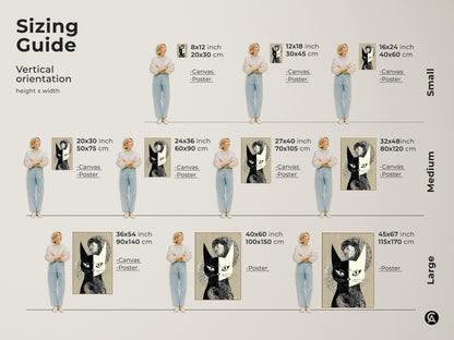 Explore the sizing guide for mid-century modern cat art prints. Vertical orientation options in small medium and large sizes. Perfect for canvas or poster prints. Find the ideal fit for your space whether it's 8x12 inch to 45x67 inch. Enhance your home decor with abstract animal art.