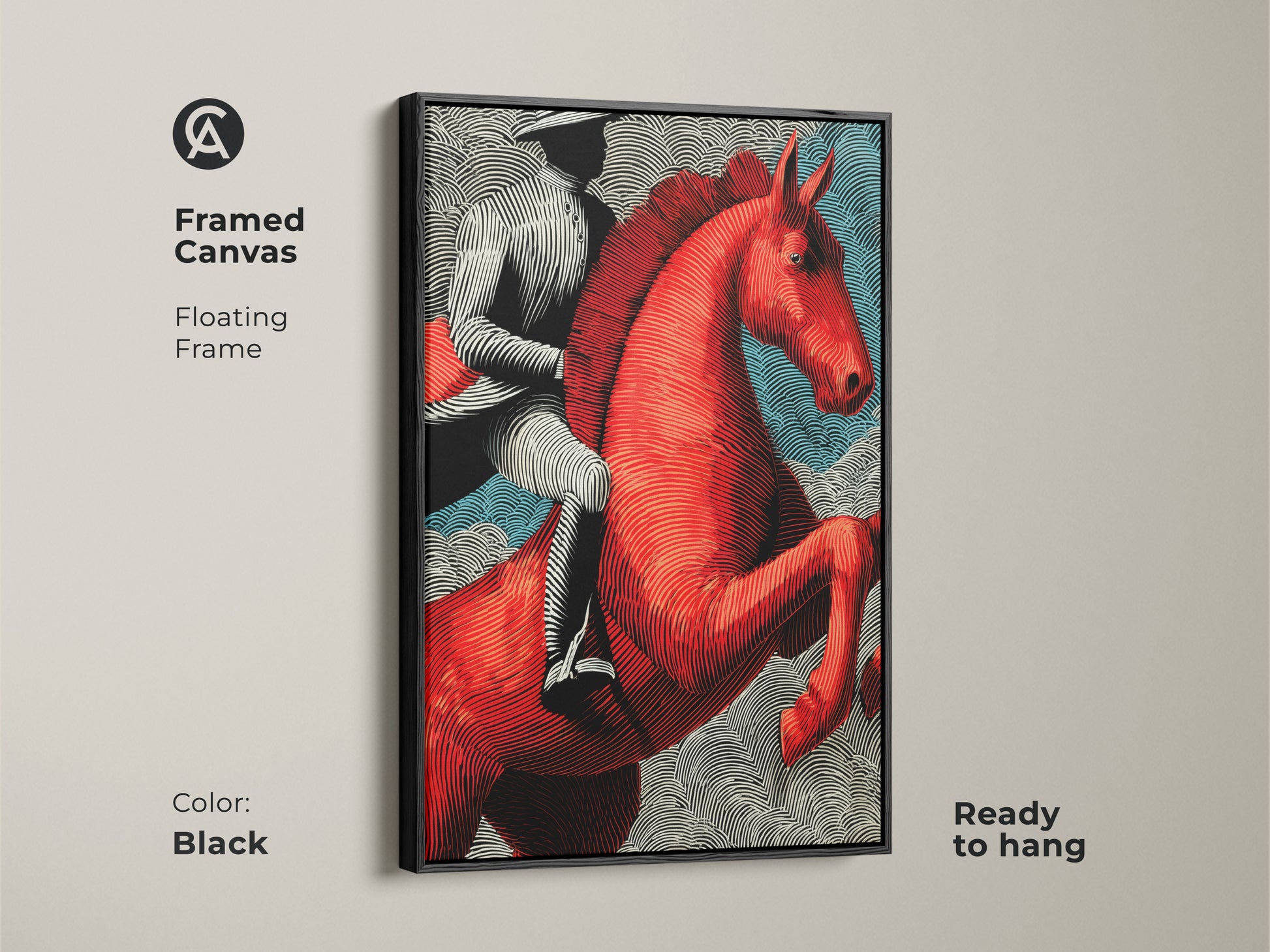 Black framed canvas of a red horse and rider. Ready to hang this floating frame enhances the eclectic animal print. Perfect as rustic ranch decor art for man cave.