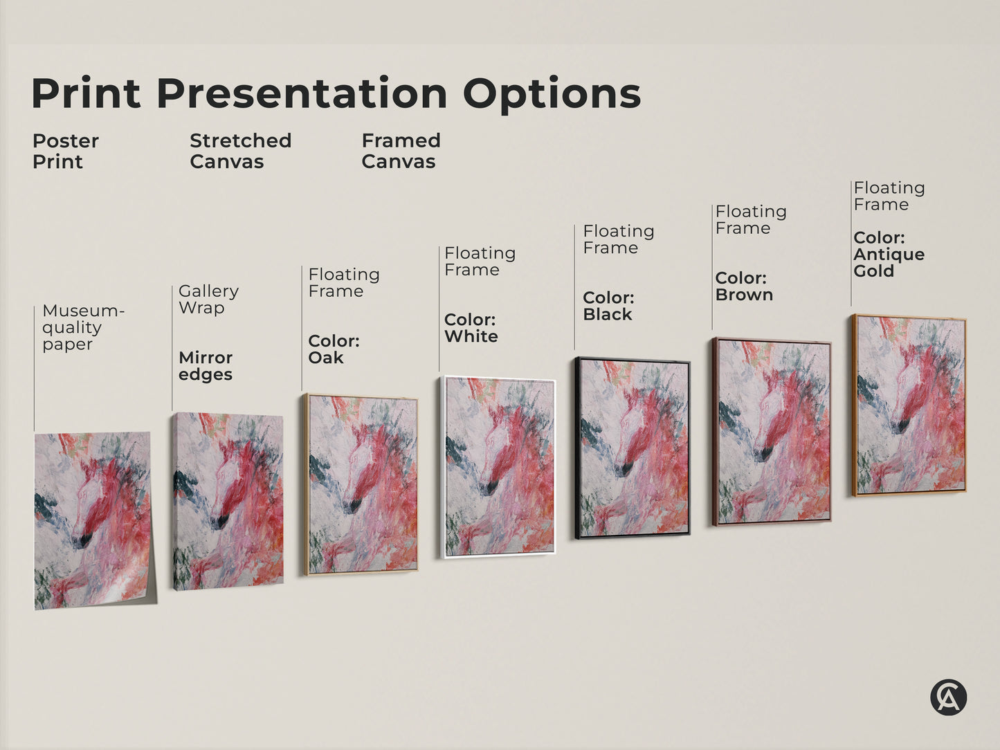 A print presentation option guide showcasing various abstract horse canvas prints. Options include poster prints stretched canvas and framed canvas in colors like oak white black brown and antique gold. Find the perfect expressive animal art to complement your eclectic home decor and express your love for horses.