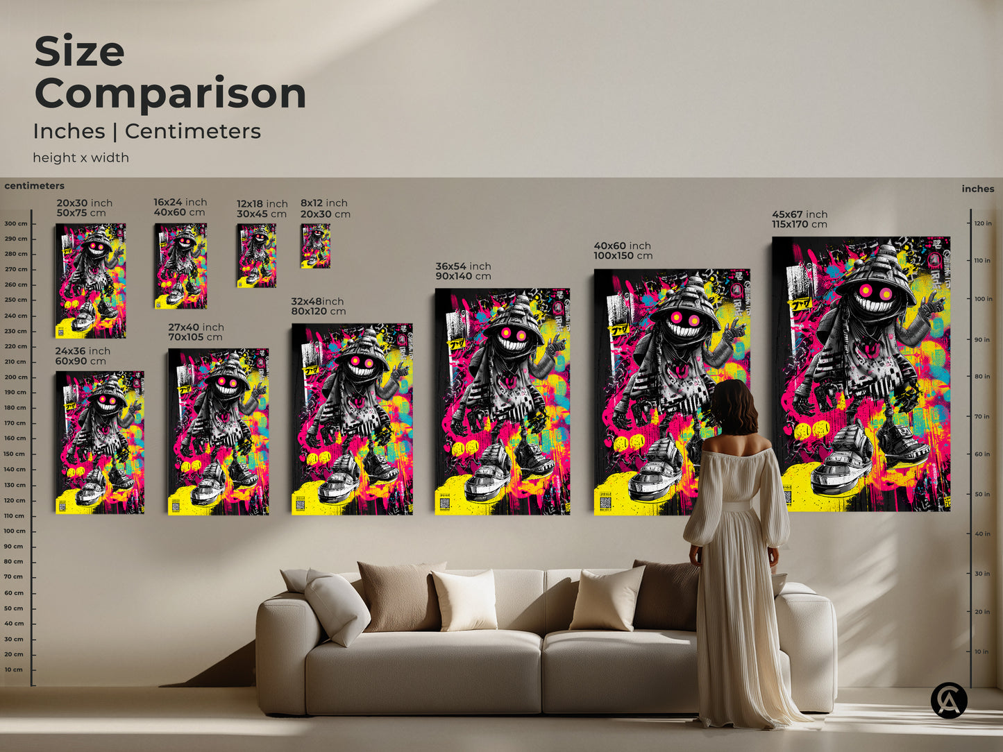 Size comparison of graffiti art prints. See how different sizes fit in a living room setting. Available in various dimensions in inches and centimeters. Choose the ideal size to complement your space. This artwork will add a unique touch.