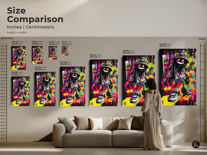 Size comparison of graffiti art prints. See how different sizes fit in a living room setting. Available in various dimensions in inches and centimeters. Choose the ideal size to complement your space. This artwork will add a unique touch.