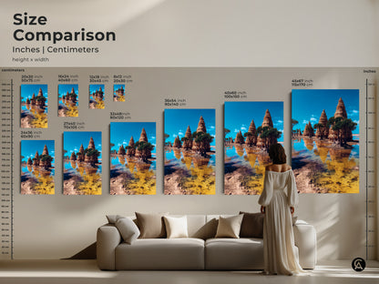 Size comparison of the surreal temple landscape art. View the inches and centimeters for canvas and poster prints. Sizes range from 20x30 cm to 45x67 inches. Find the perfect scale for your eclectic art nouveau travel inspired home.