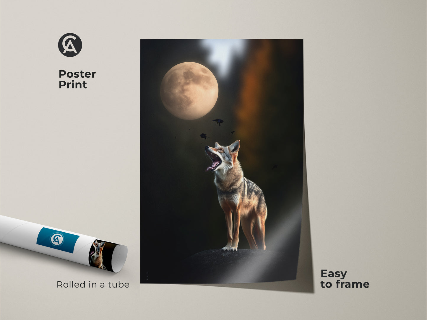 Poster print of a coyote howling at the moon. This surreal animal art print comes rolled in a tube for easy framing. The tan and green home decor brings nature indoors. A unique gift for those who love wildlife photography wall art.