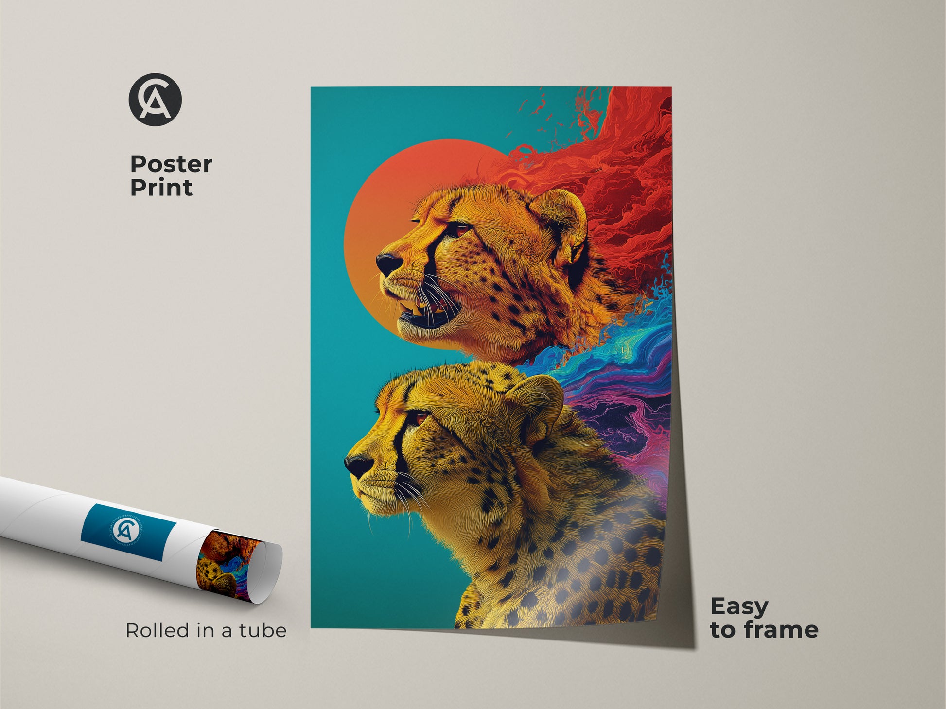 This framed canvas showcases abstract cheetah artwork in bold teal and orange hues. Displaying a unique wildlife animal canvas print. This piece is set in a sleek black floating frame. Perfect eclectic bedroom decor and modern home office artwork. A ready to hang statement piece for any animal lover's home.