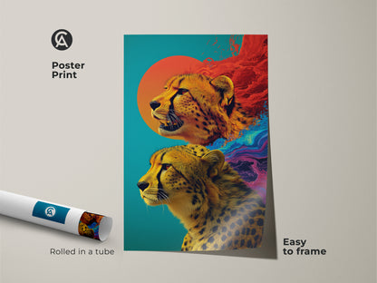 This framed canvas showcases abstract cheetah artwork in bold teal and orange hues. Displaying a unique wildlife animal canvas print. This piece is set in a sleek black floating frame. Perfect eclectic bedroom decor and modern home office artwork. A ready to hang statement piece for any animal lover's home.