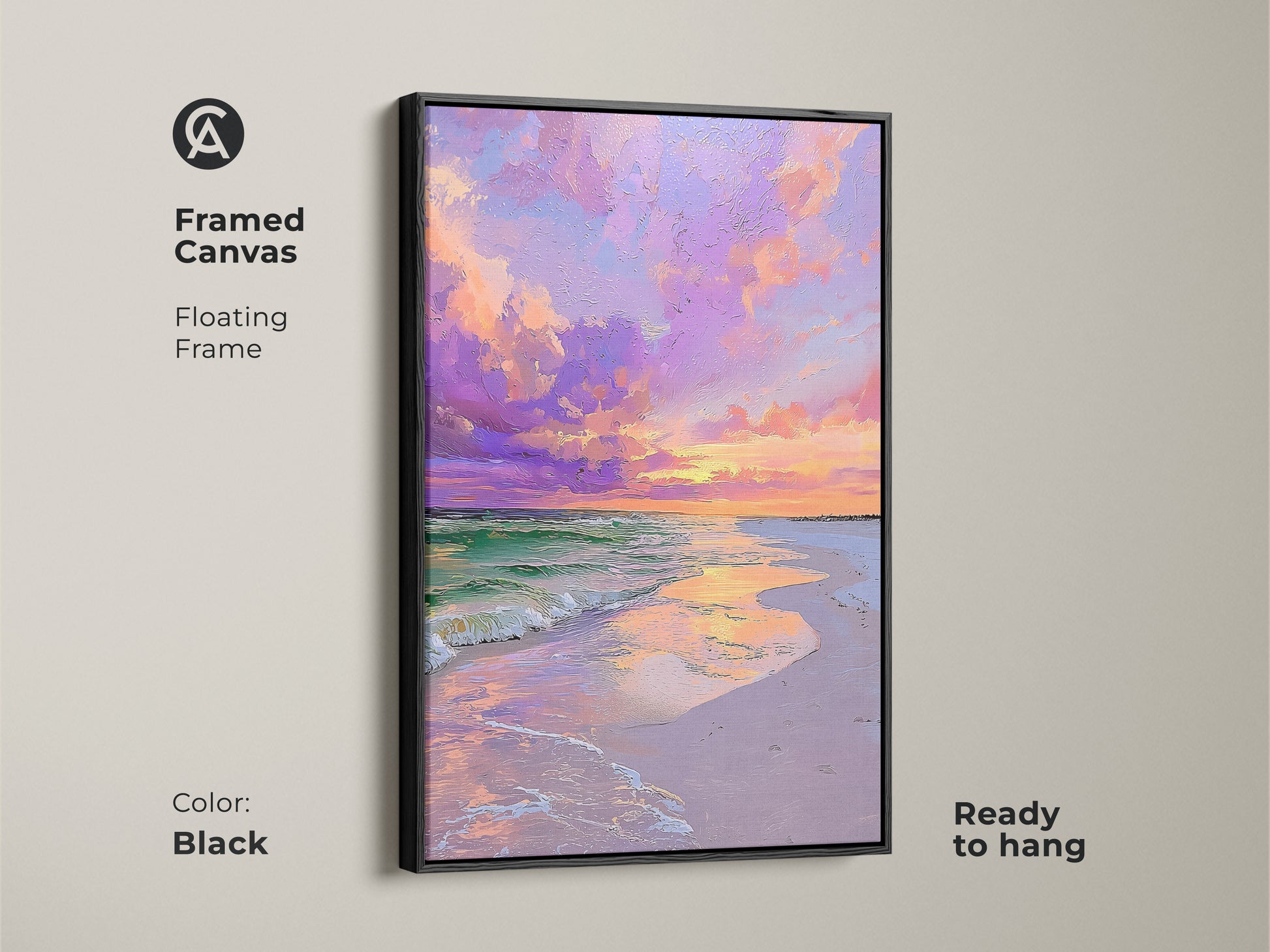 A framed canvas featuring ocean sunset artwork. This coastal beach wall art has a black floating frame. It's a pink and purple sky print perfect as living room art. The art is ready to hang for easy displaying.