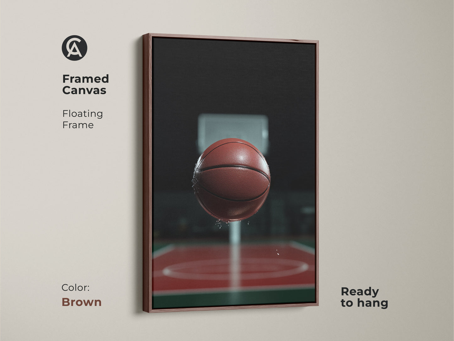 Framed canvas featuring basketball action art. This floating frame with a brown finish is ready to hang. The artwork brings a modern vibe to any man cave or office. It makes a great gift for basketball enthusiasts. Perfect for sports enthusiasts.