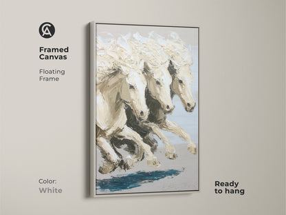 Framed canvas print of contemporary equine artwork with a white floating frame. This ready to hang equestrian home decor features an impressionistic horse art print. The cream neutral wall art adds a modern touch to any space. The white frame complements the galloping white horses art.