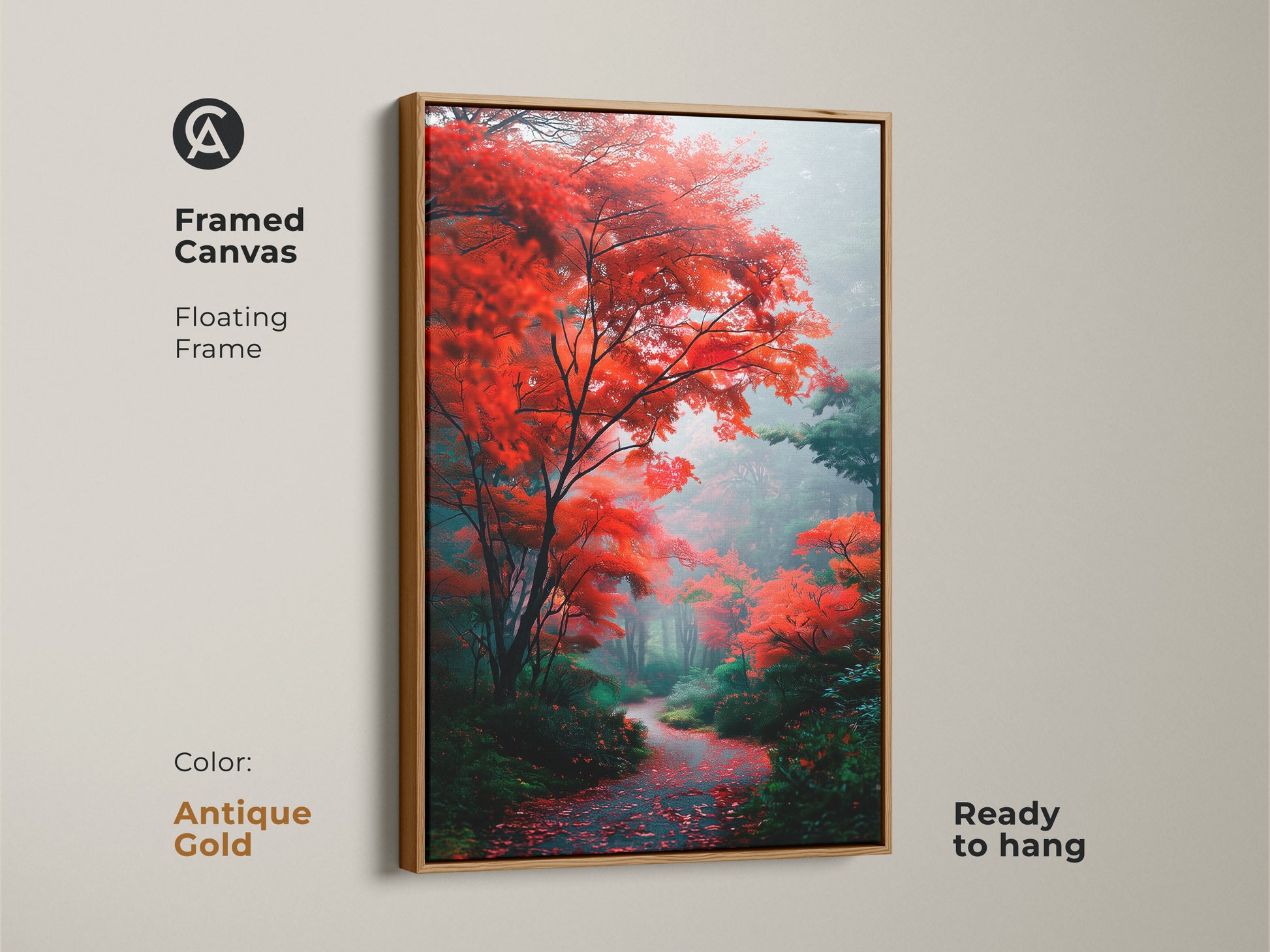 Transform your living space with this framed canvas art. The floating frame in antique gold adds a touch of luxury to the vibrant artwork. This ready to hang piece will elevate any room. It features a path in the forest.
