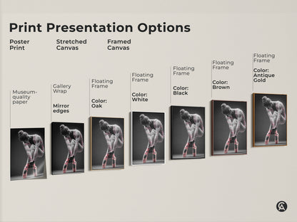 Print presentation options for ballerina art. Options include poster print stretched canvas and framed canvas. Frame colors include black brown antique gold oak and white. Find the perfect art for your space.